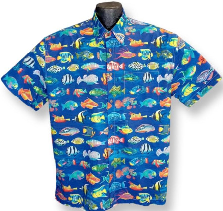 Blue Tropical Fish Hawaiian - Made in USA- 100% Cotton